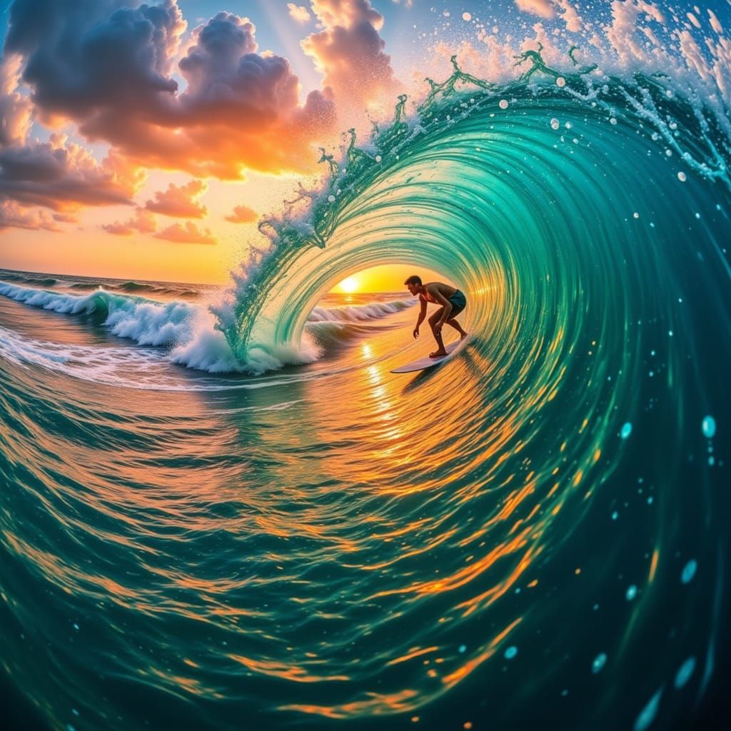 Cyberpunk Masterpiece: Surfing the Turquoise Wave