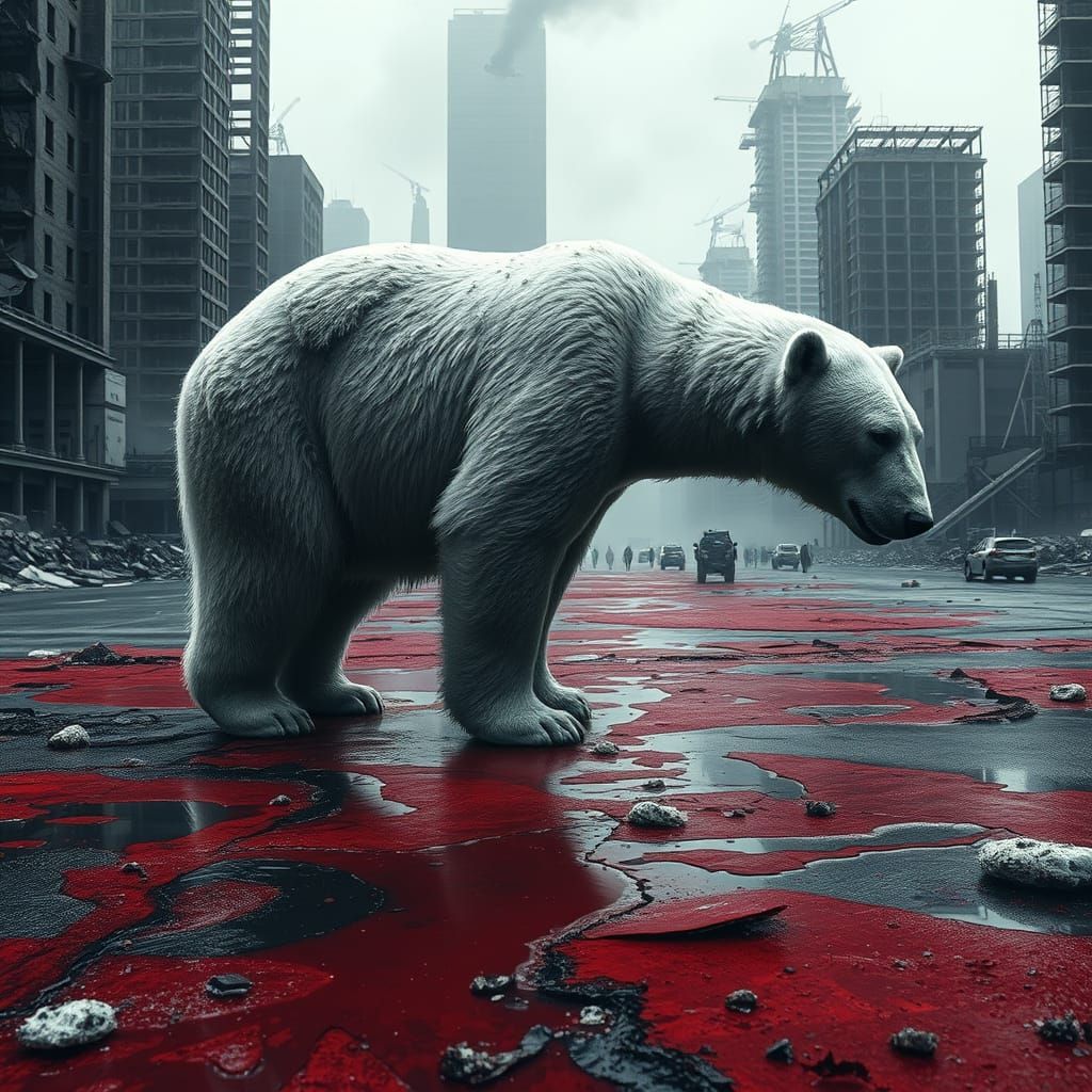 Majestic Polar Bear Walks on Blood-Stained Carpet in Desolat...