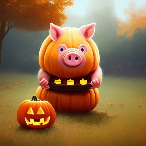 Cute Pig in Pumpkin Costume, Anime Style