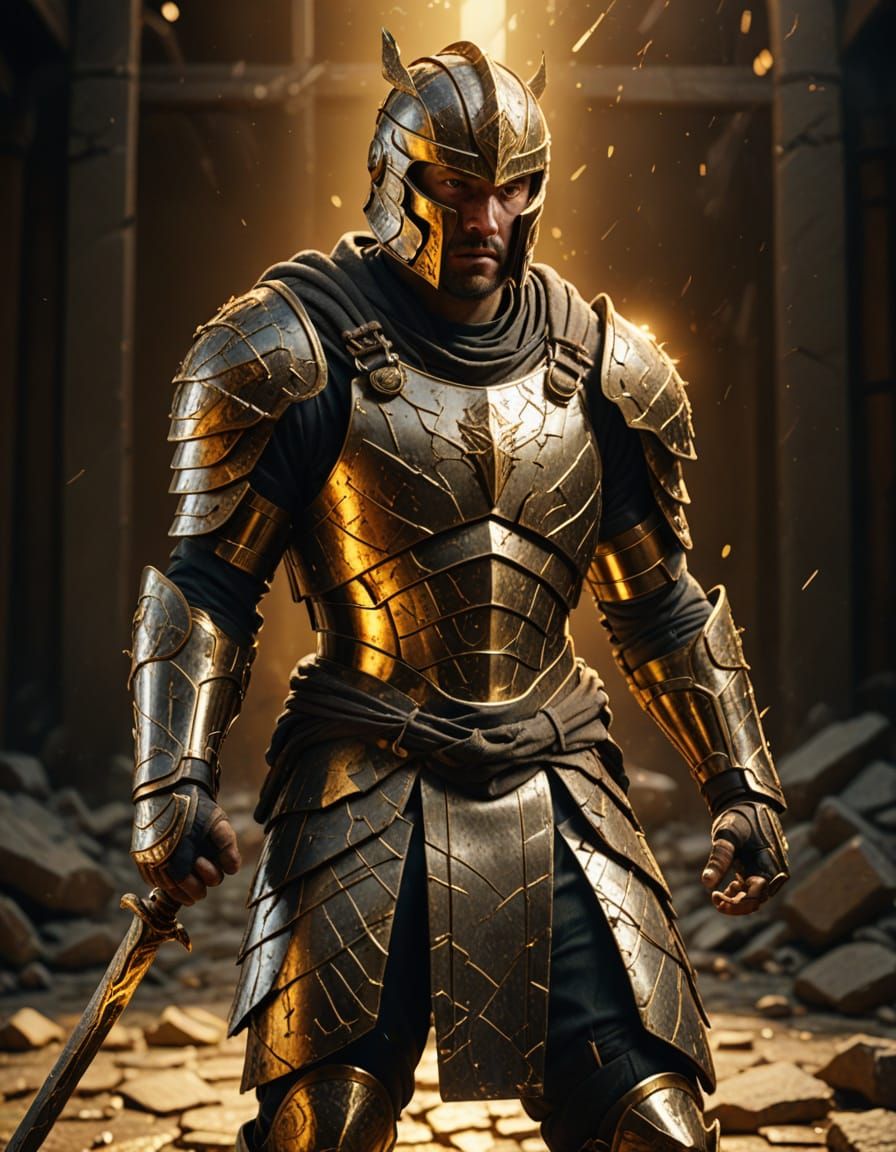 Victorious Kintsugi Knight in Golden Light