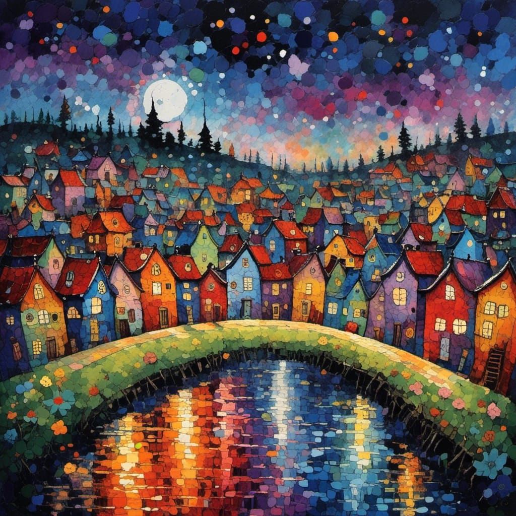 Village at Night in Watercolour Splash Art Style
