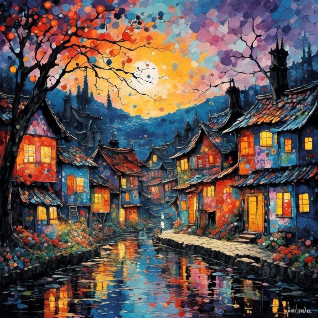 Night Village: Watercolor Splash Art with Acrylic Texture