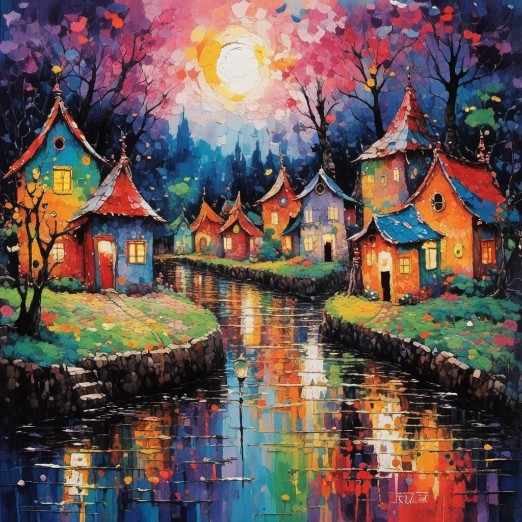 Peaceful Village at Night in Toyism Watercolour Style