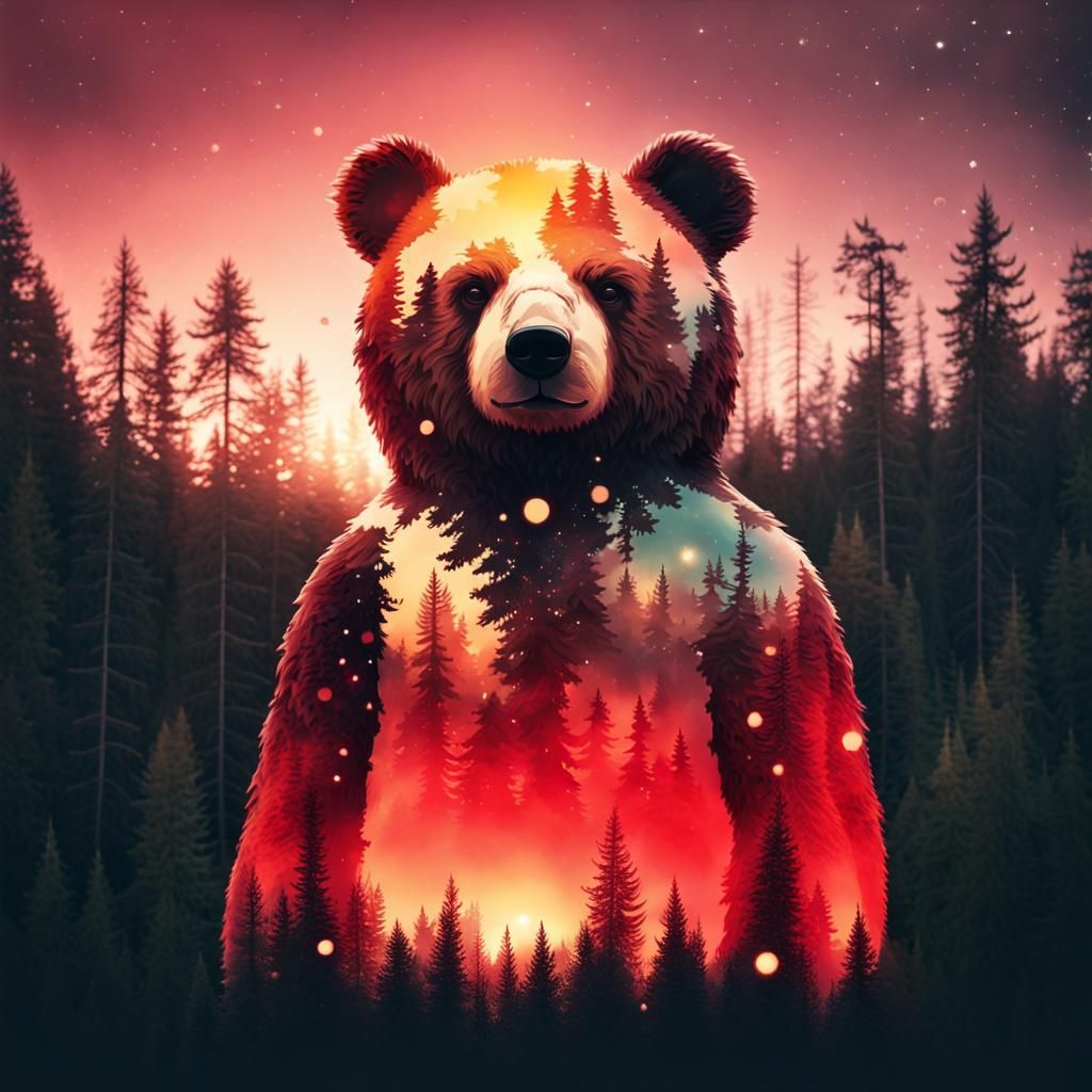 Double Exposure: Teddy Bear Sunrise Over Forest