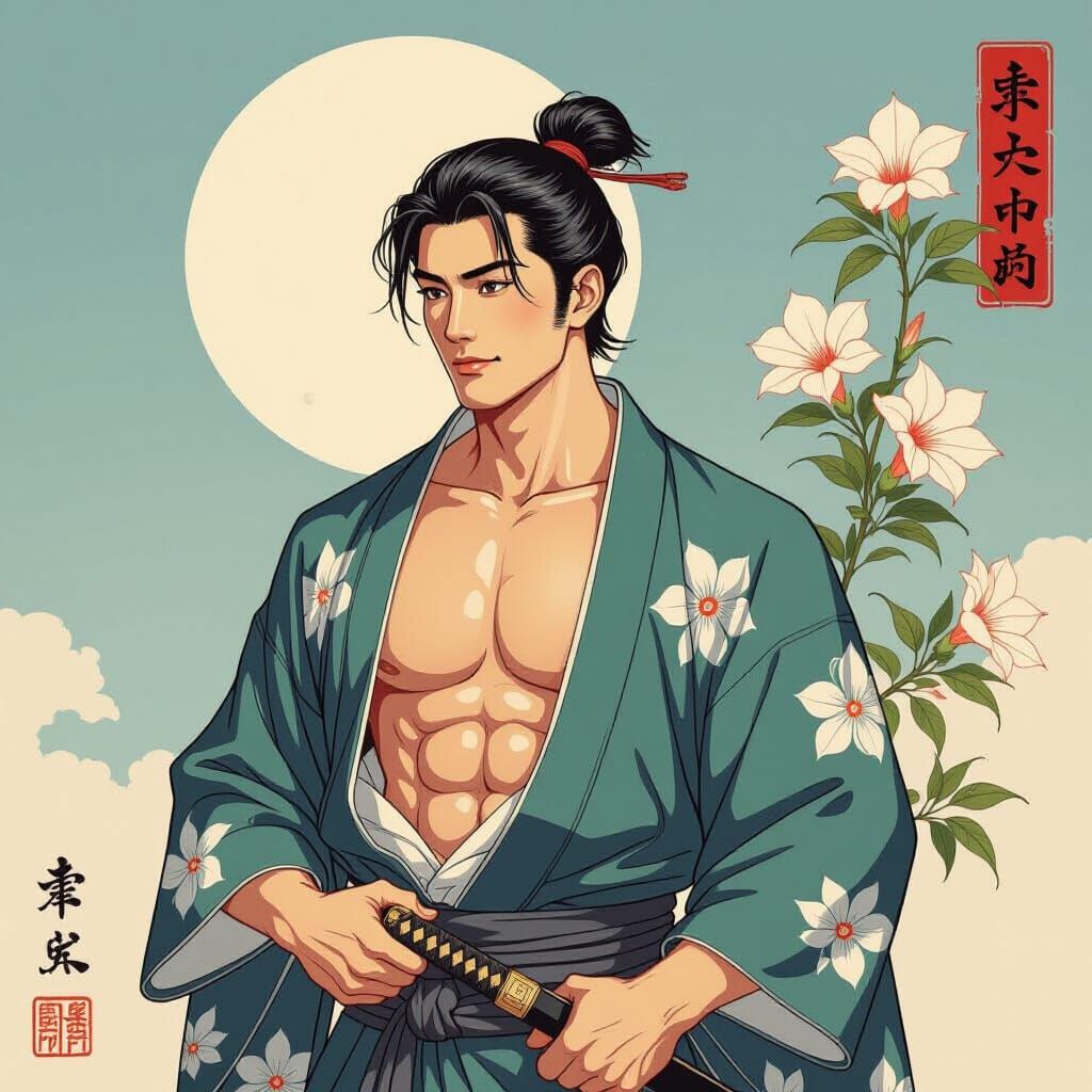Japanese Gay Male with Moon in Ukiyo-e Style