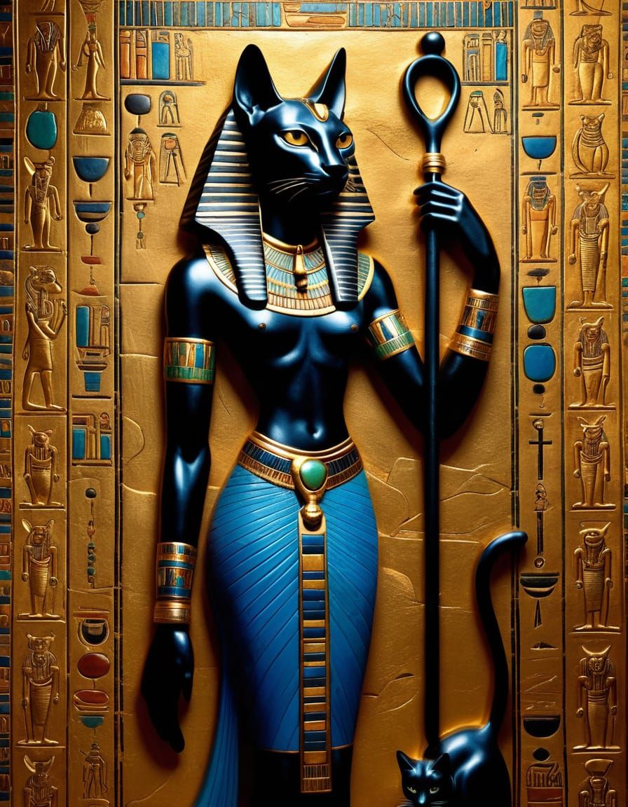 Ancient Egyptian Goddess Bastet in Golden Relief Sculpture