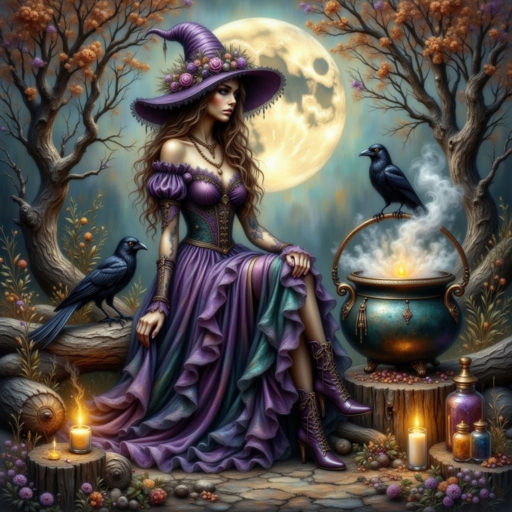 Mystical Witch on Broomstick in Moonlit Forest