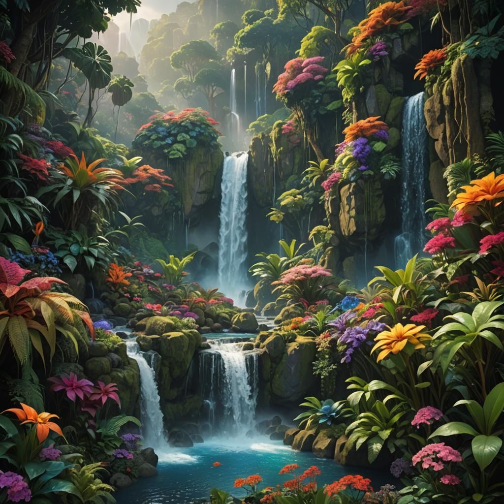 Waterfall Paradise in Hayao Miyazaki Style