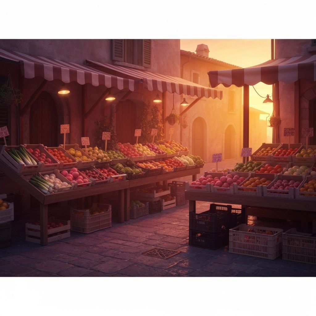 Whimsical Italian Market at Dusk in Cinematic Style