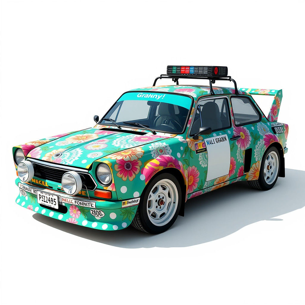 Rally car wrapped in "granny cool" Artwork