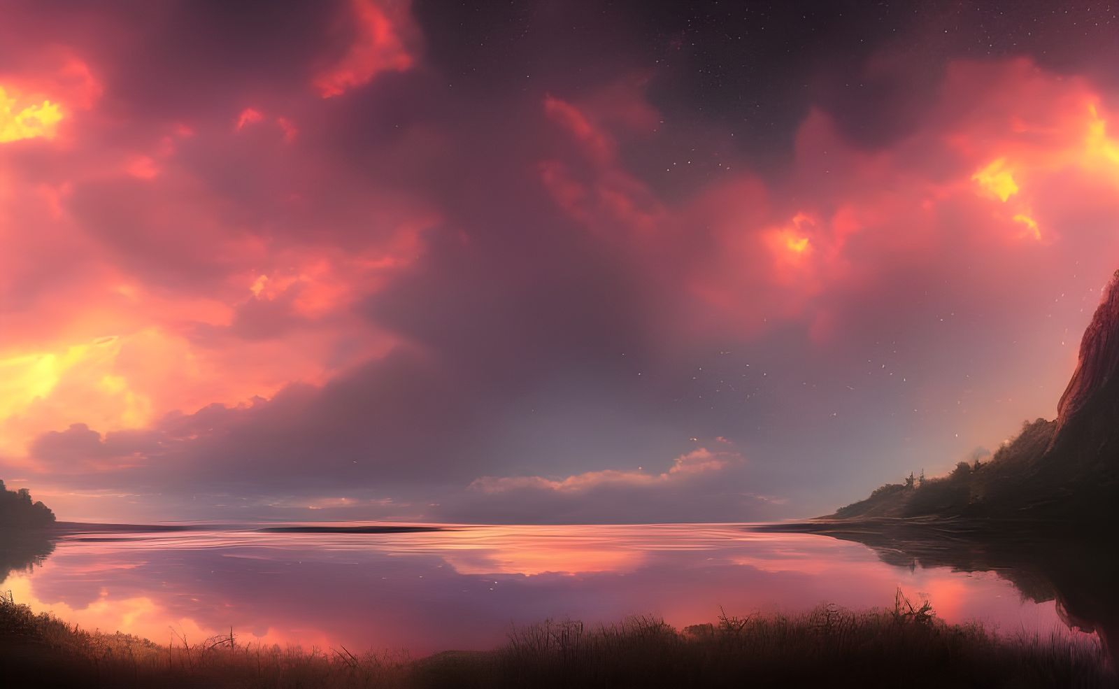 Colorful Starry Sky Reflected on Water