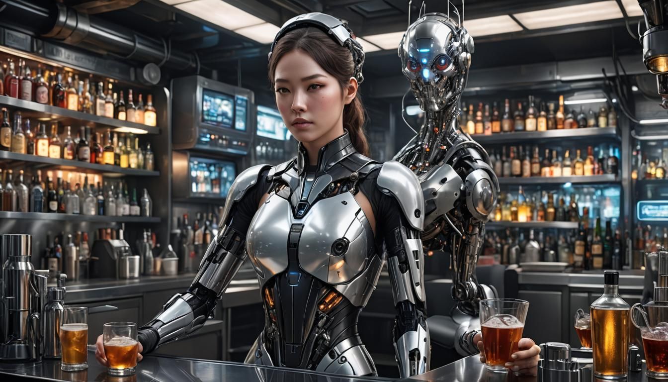 Hyperdetailed Cyborg Bartender in Futuristic Setting