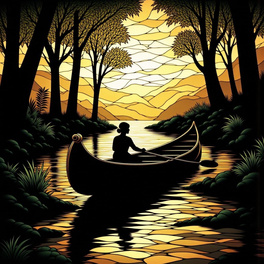 <lora:BlackGold silhouette:1.0> Black and gold silhouette of a stained glass canoe in a beautiful bay inlet fantasy art