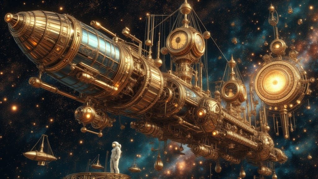 Steampunk Astronaut and Spaceships in Cosmic Voyage
