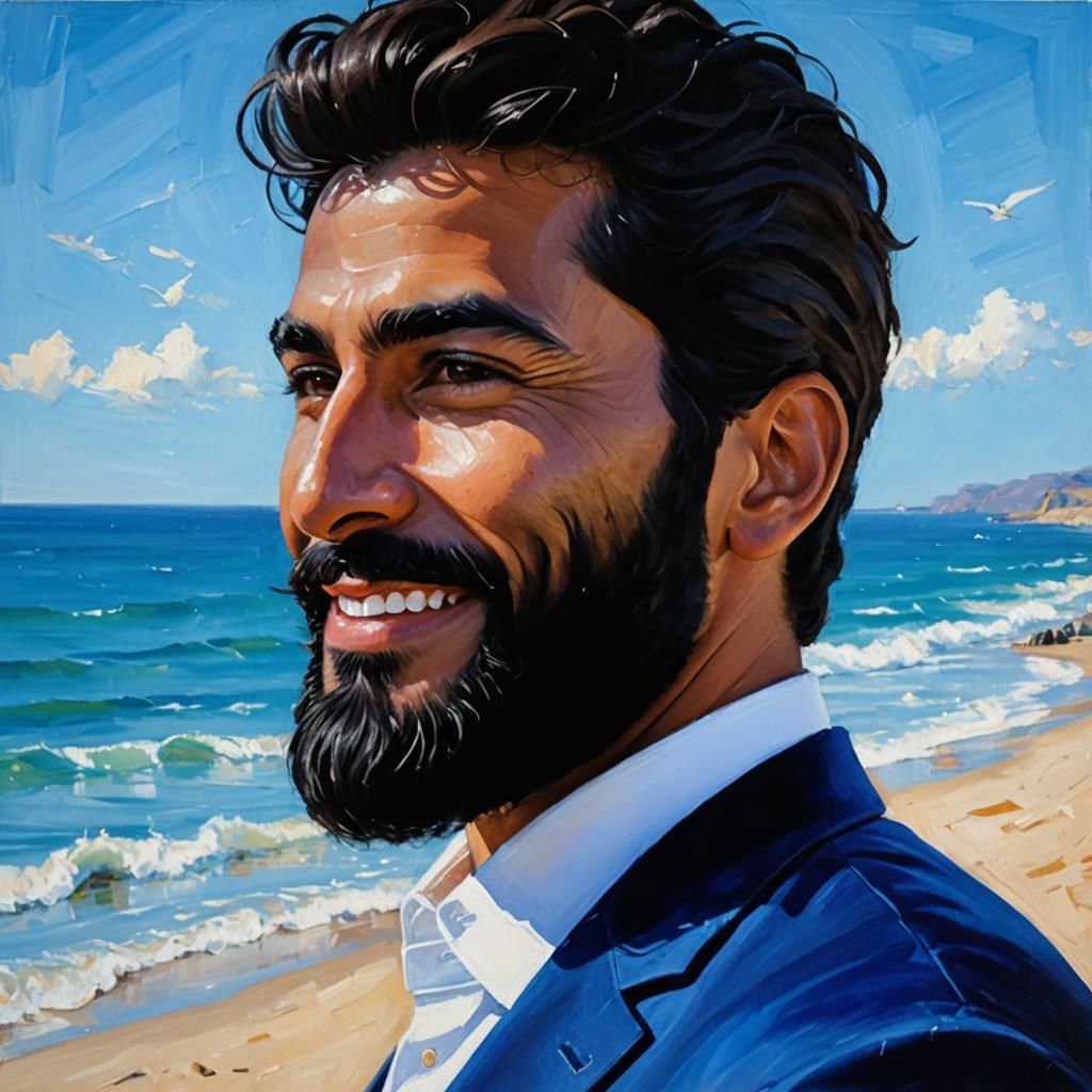 Handsome Man in Blue Velvet Suit, Neo-Impressionist Painting