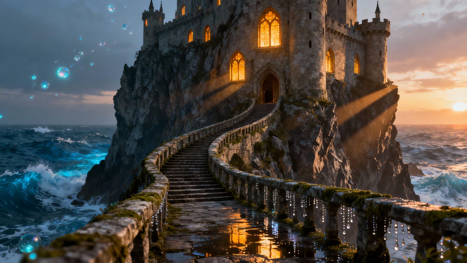 Hyper-Realistic CGI Castle on Cliff Face with Sea Staircase