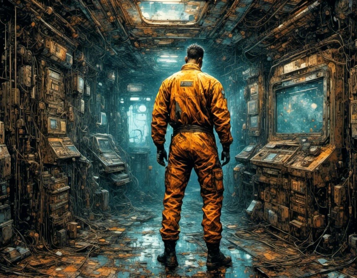 Grinning Mechanic Beside Spaceship in Cyberpunk Style