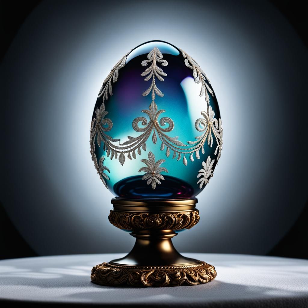 Ornate Glass Egg on Velvet Pedestal: Macro Photography