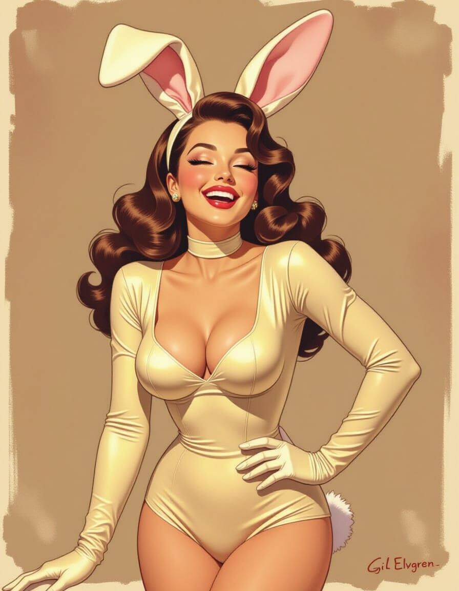 Latina Pin-Up in Bunny Suit, Watercolor Style