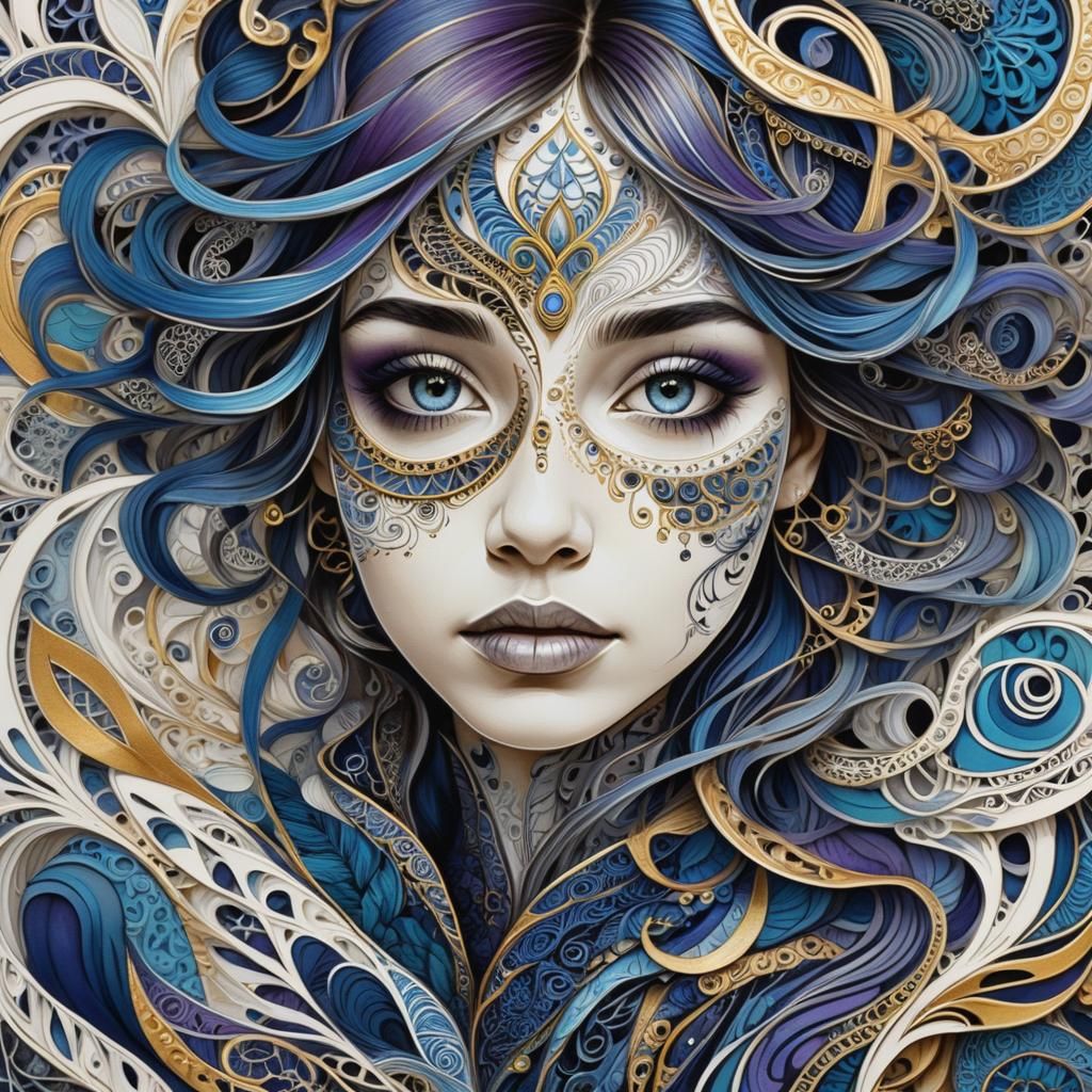 Intricate Zentangle Portrait of Woman in Deep Blues