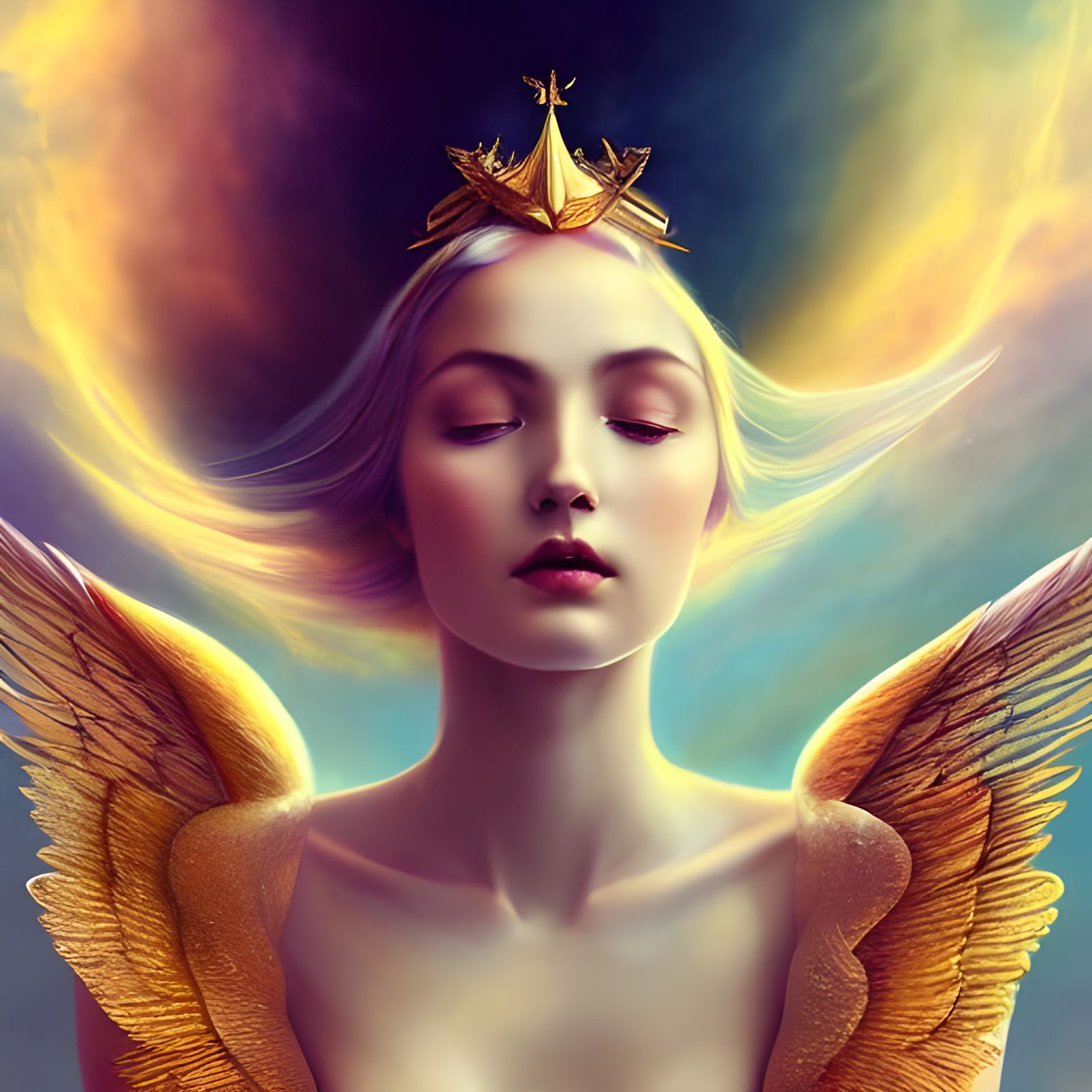 Golden Winged Angel in Heavenly Clouds