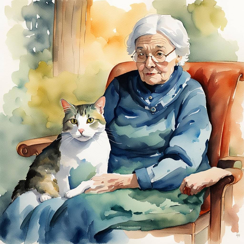 Invisible Cat on Old Woman's Lap: Watercolor