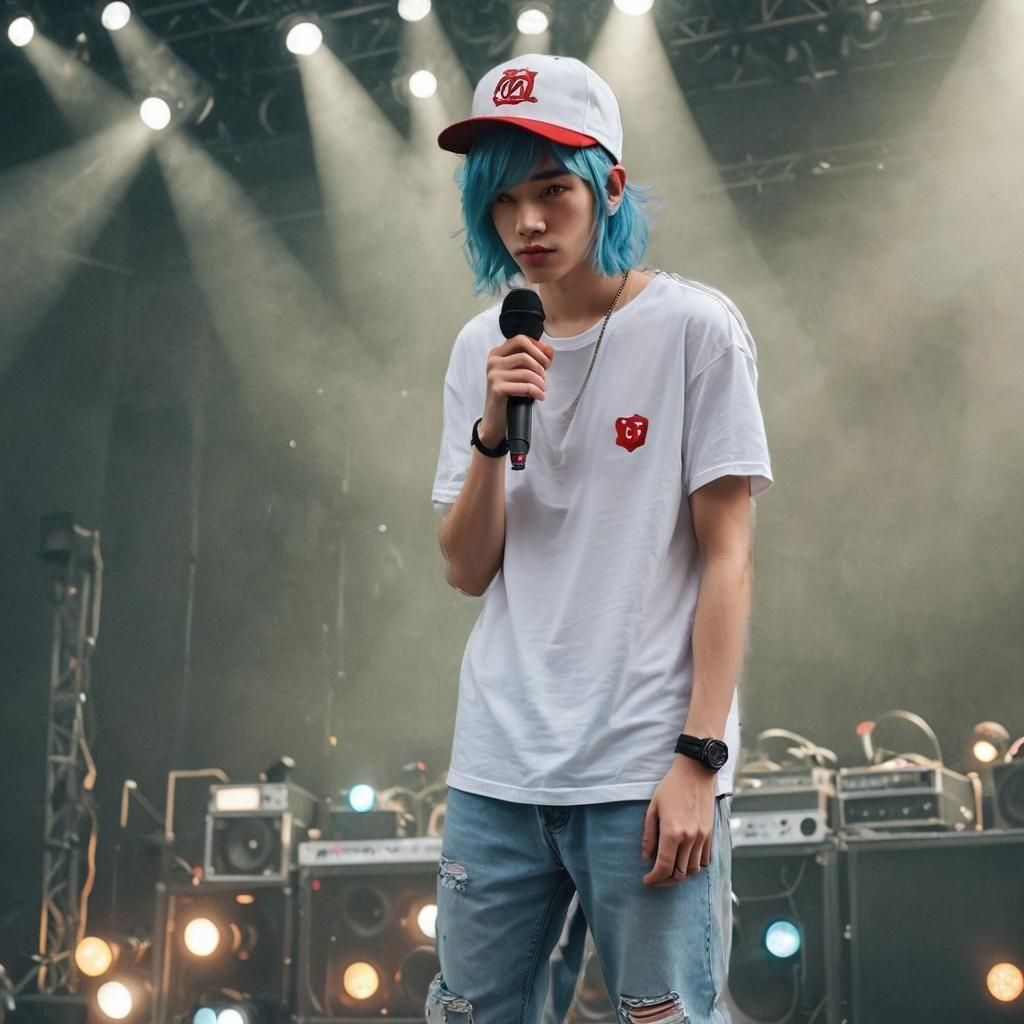 Hip Hop Teen with Microphone and Blue Hair