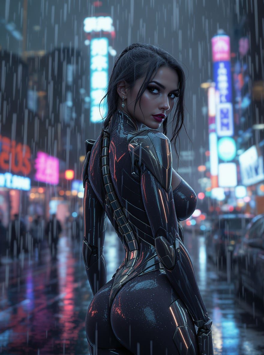 Beautypunk Woman in Rain-Soaked City