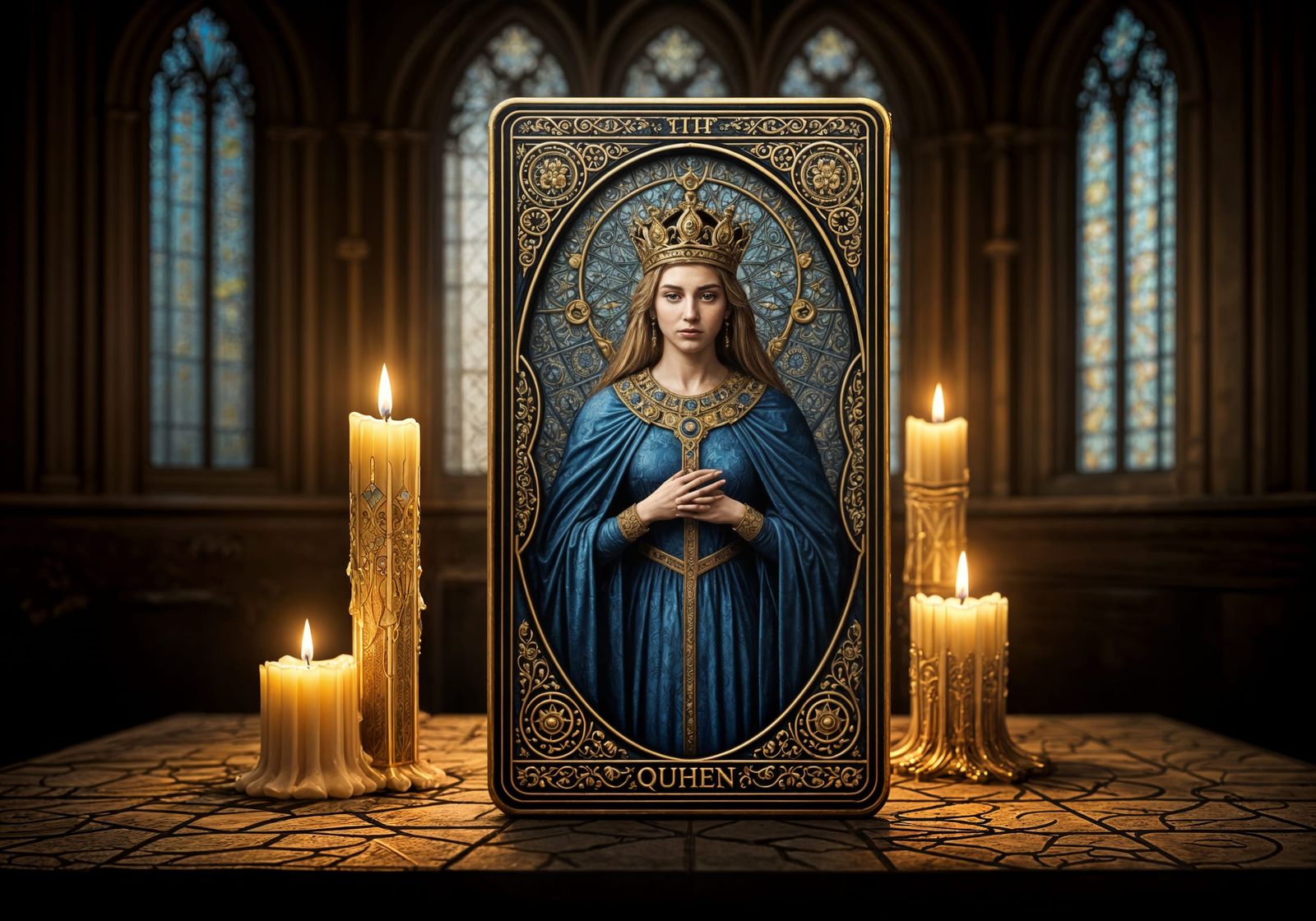Blue Queen Tarot Card in Stained Glass
