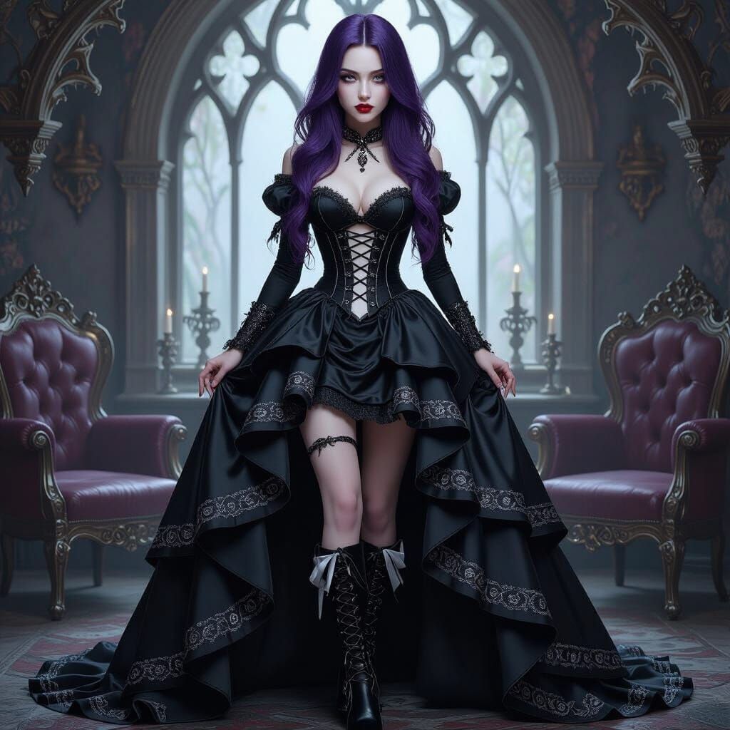 Ultra-Realistic Gothic Ball Gown Portrait with Purple Hair