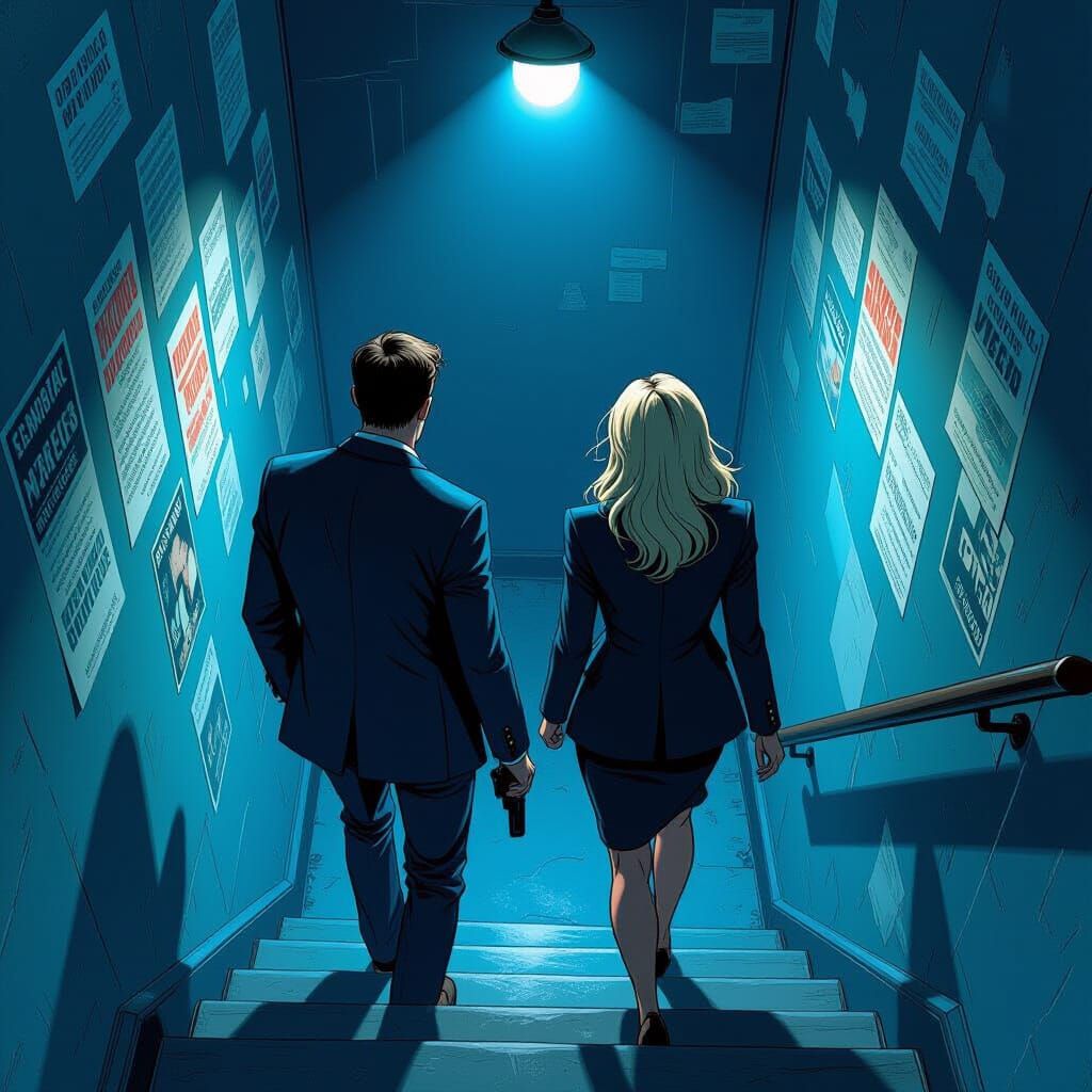 Noir Duo Ascends Shadowy Stairwell in Comic Art Style