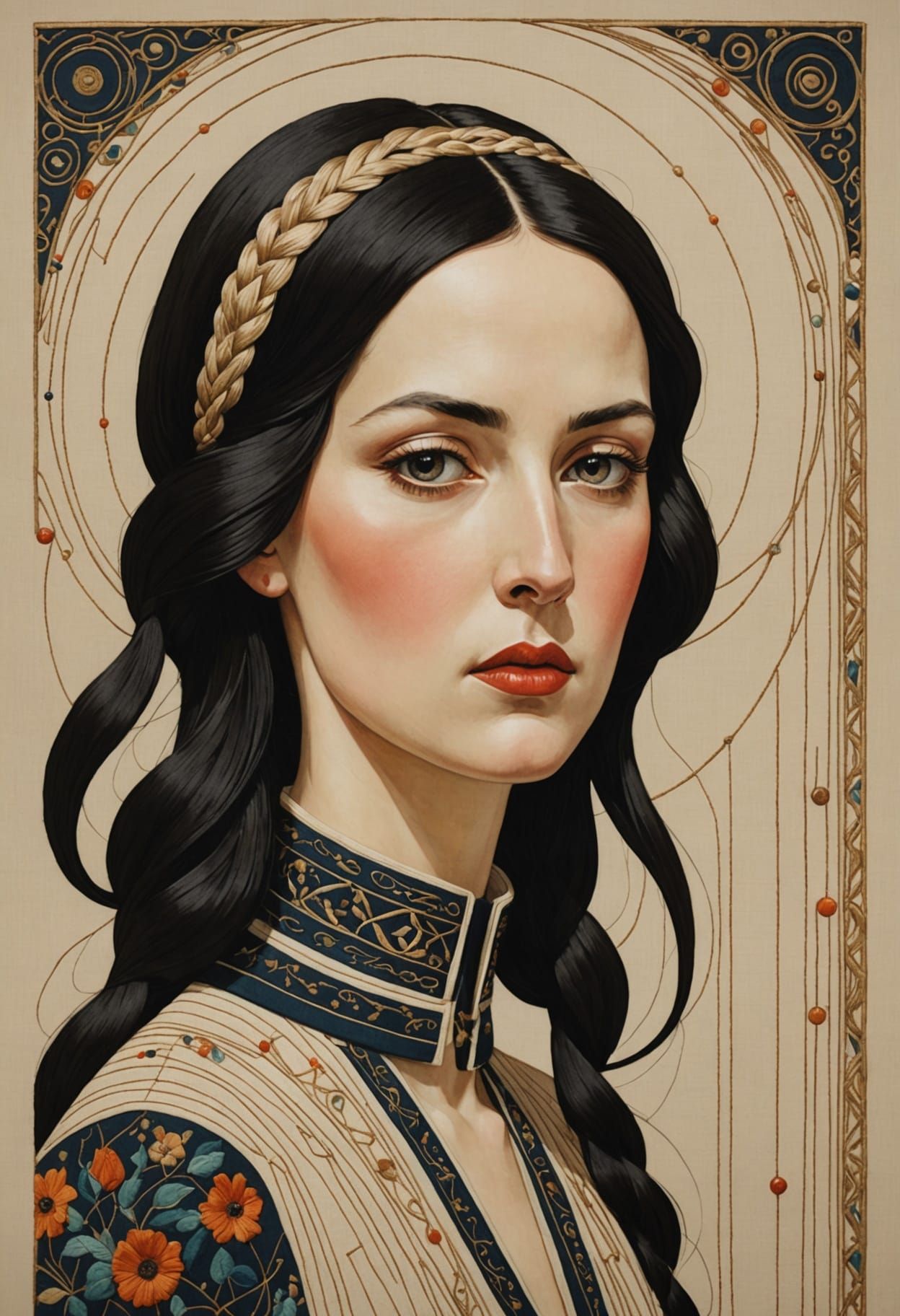 Embroidered Portrait with Braided Hair Ribbons Textile Bas-R...