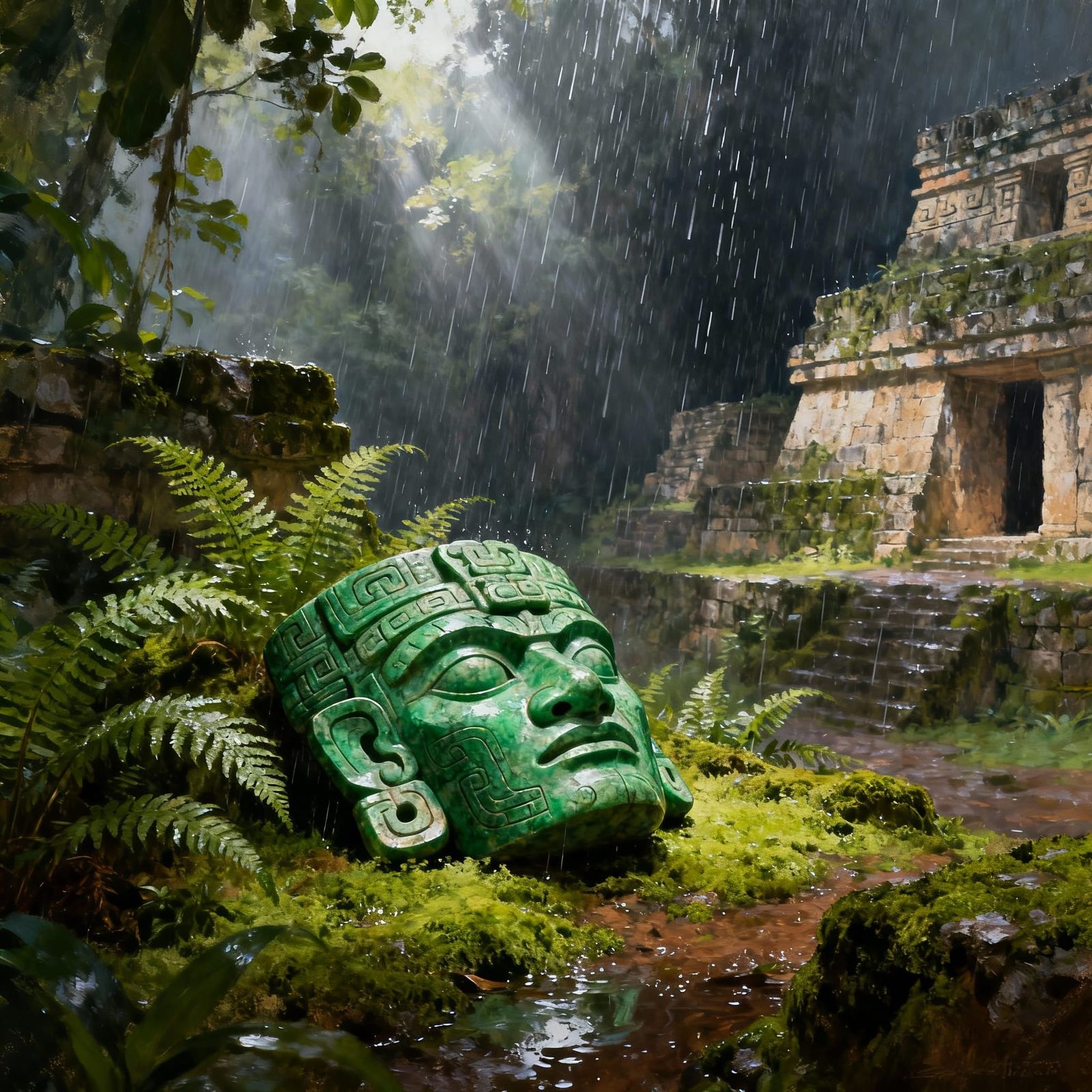 Jade Maya Mask in Heavy Rain, Ancient Ruins Oil Painting