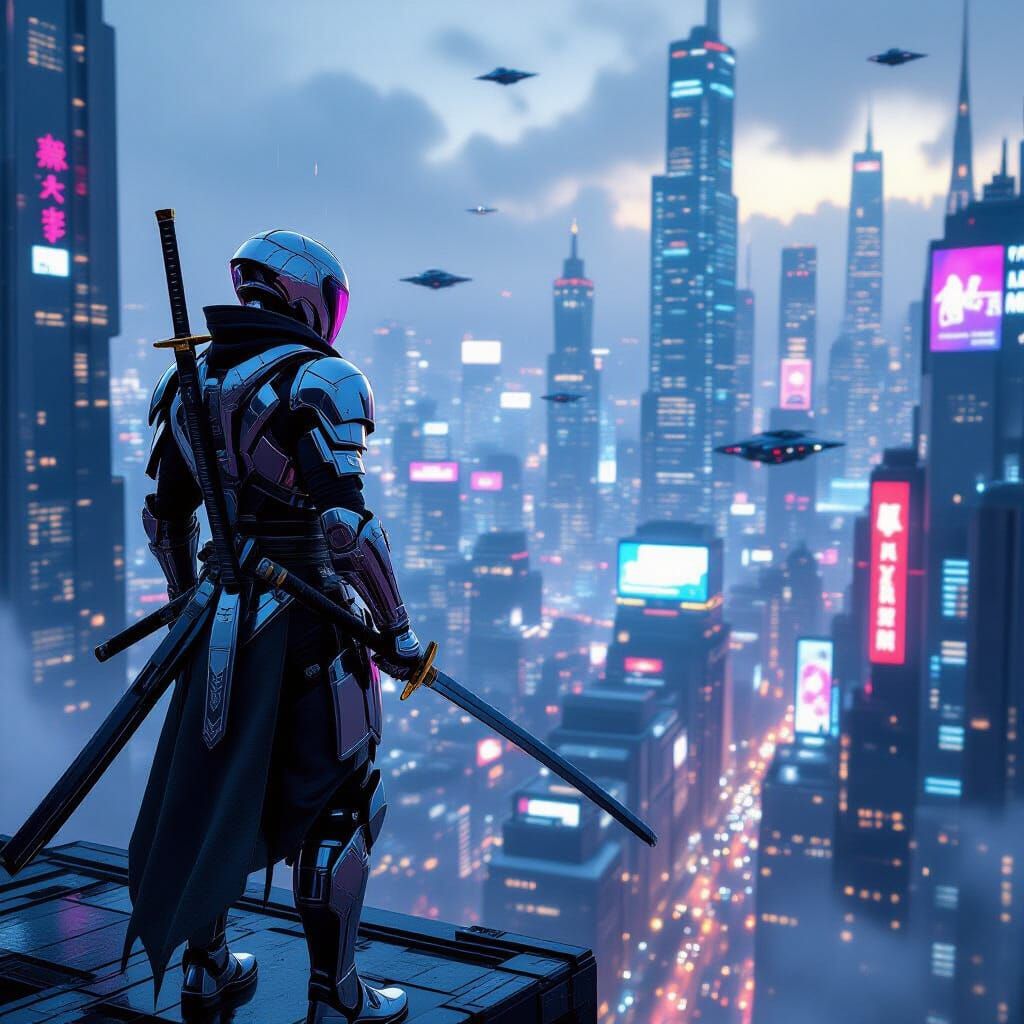 Futuristic Samurai in Cyberpunk Cityscape