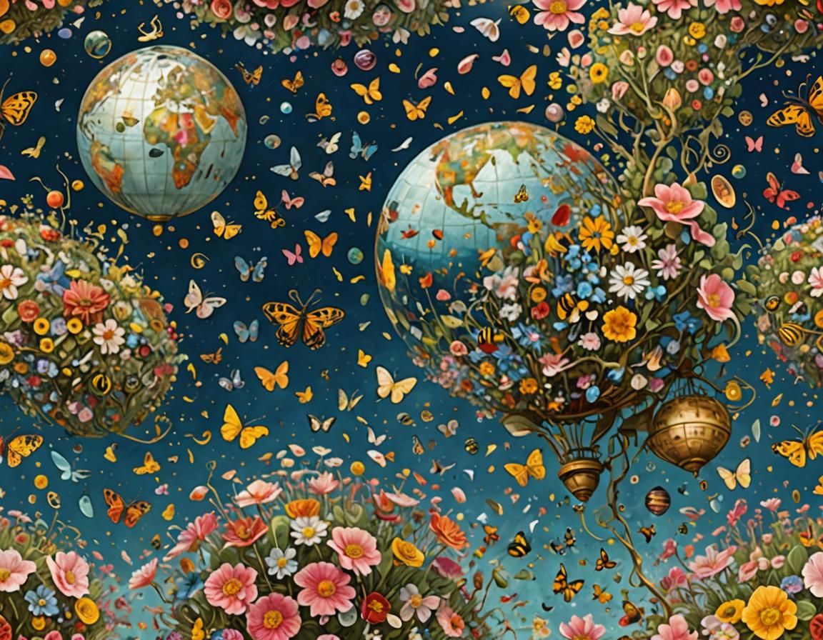 Earth as Klimt Painting in Dewdrop with Butterflies