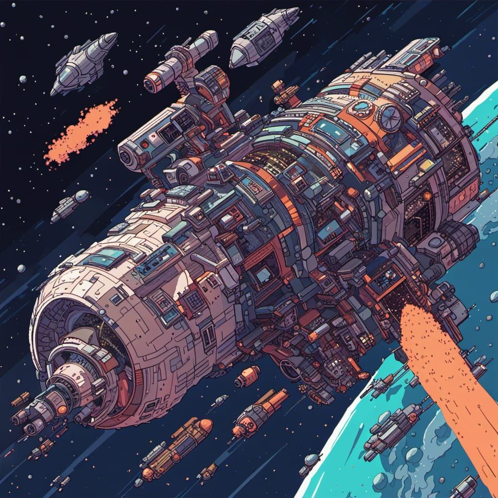 Detailed Pixel Art Spaceship in Comic Style