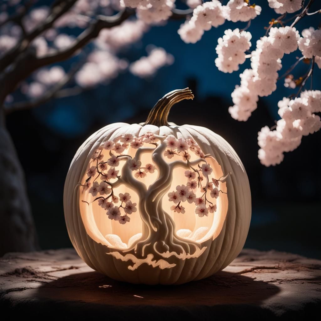Cherry Blossom Jack-o'-Lantern in Moonlight Photography