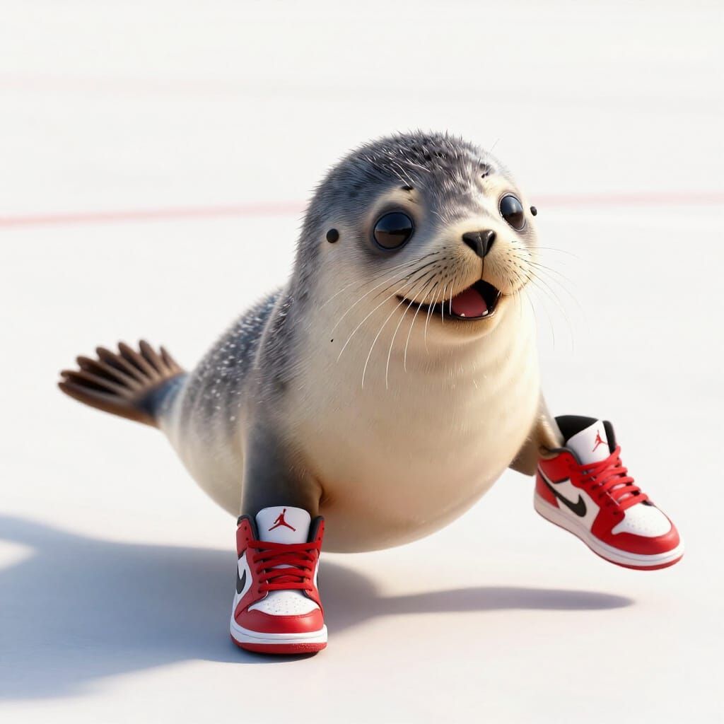 Adorable Seal Runs in Red Air Jordans on Basketball Court