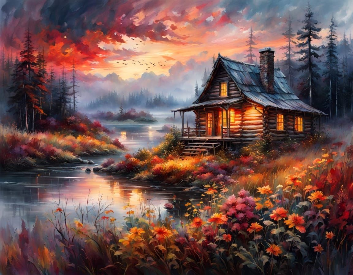 Twilight Over the Log Home: Flowers Kiss the Dusk