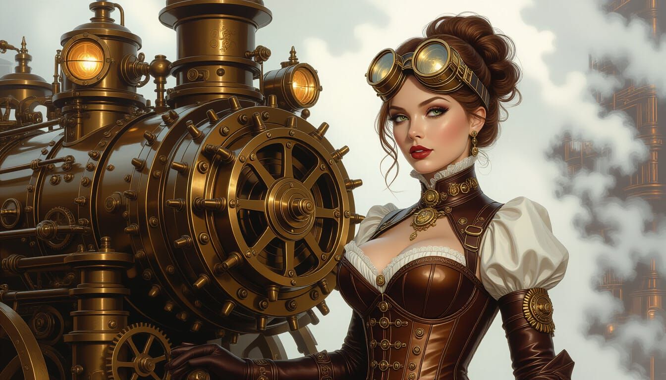 Steampunk Woman Before Industrial Engine