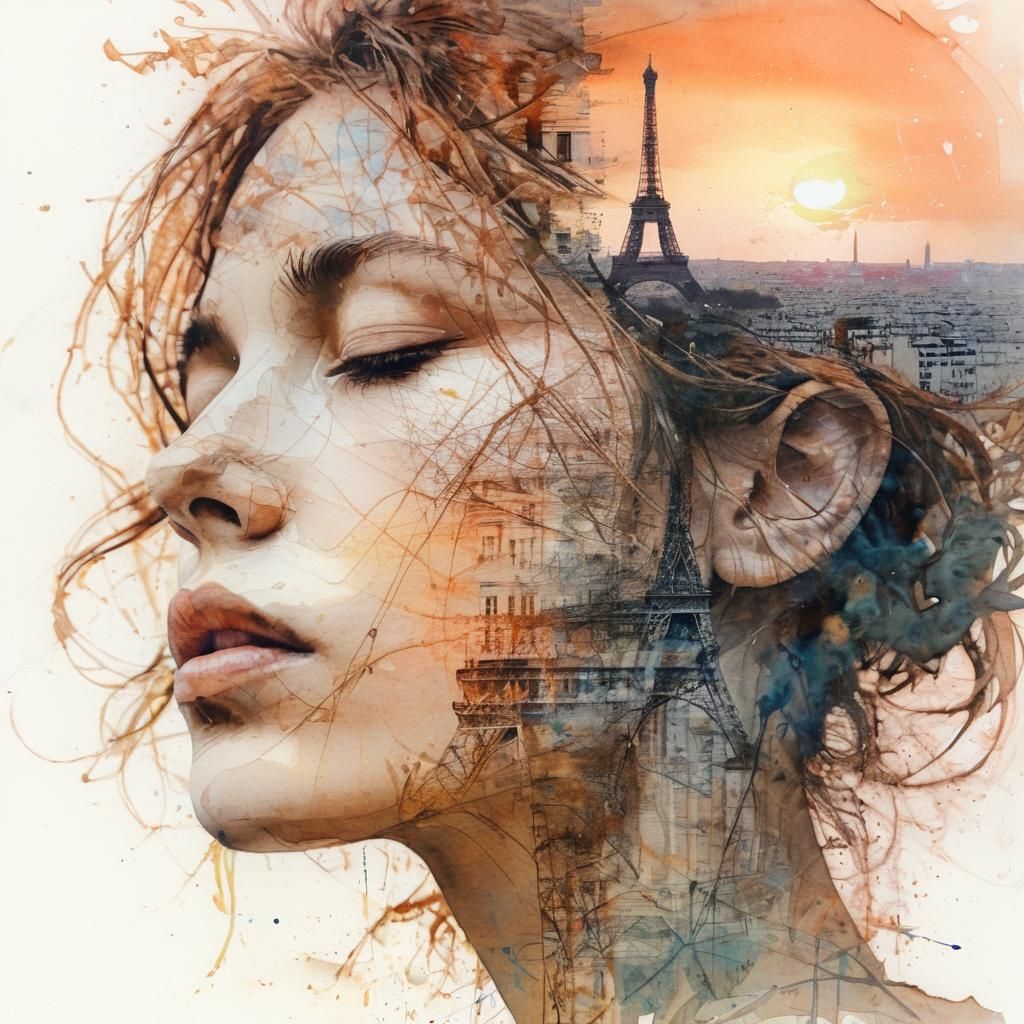 Double exposure, she's thinking of the city of love - Paris