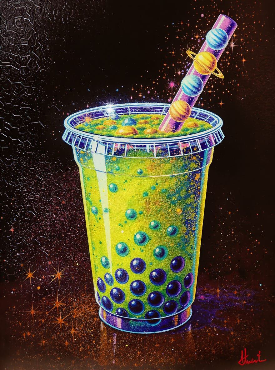 Fantasy Boba Tea with Planet Pearls in Pointillism