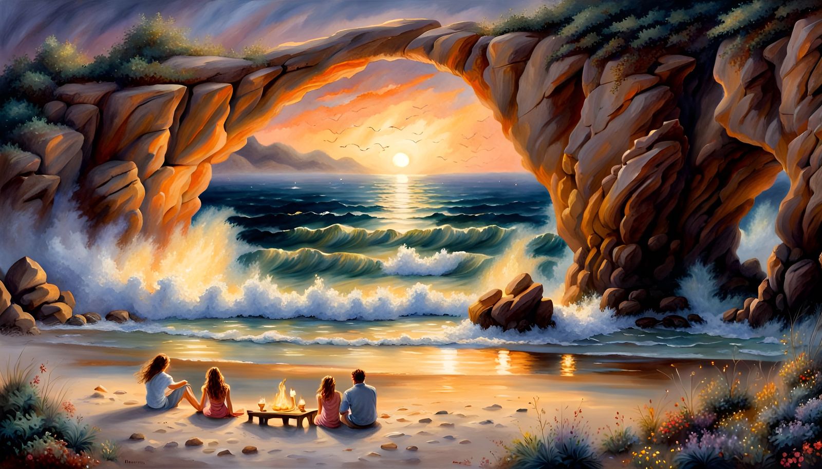 Night Beach Party Through Sandstone Arch in Watercolor Style