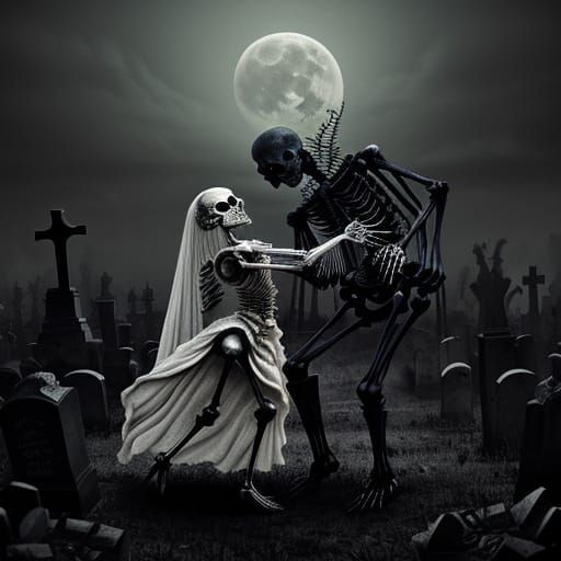 Macabre Dance in Moonlit Graveyard by Skeleton