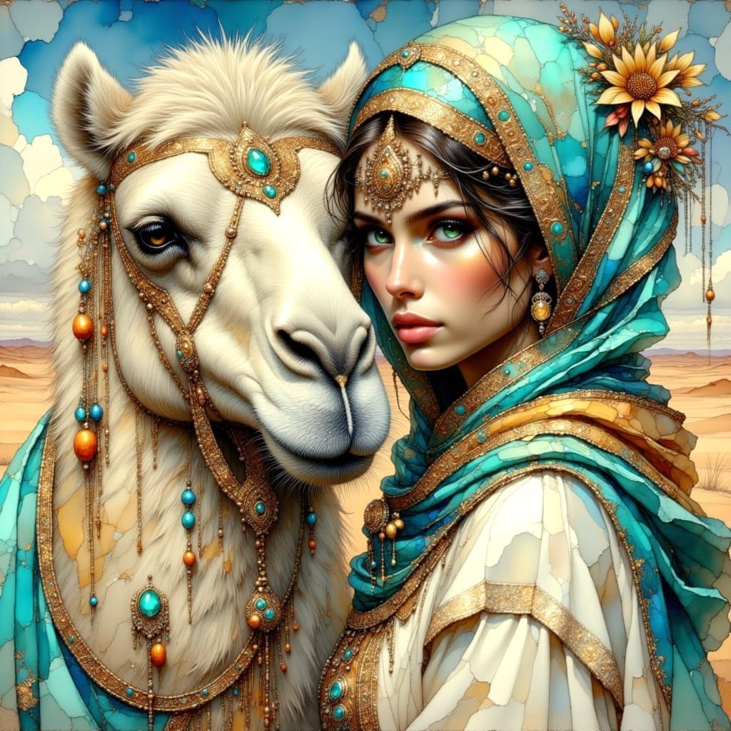 Arabian Princess with Camel in Windswept Desert
