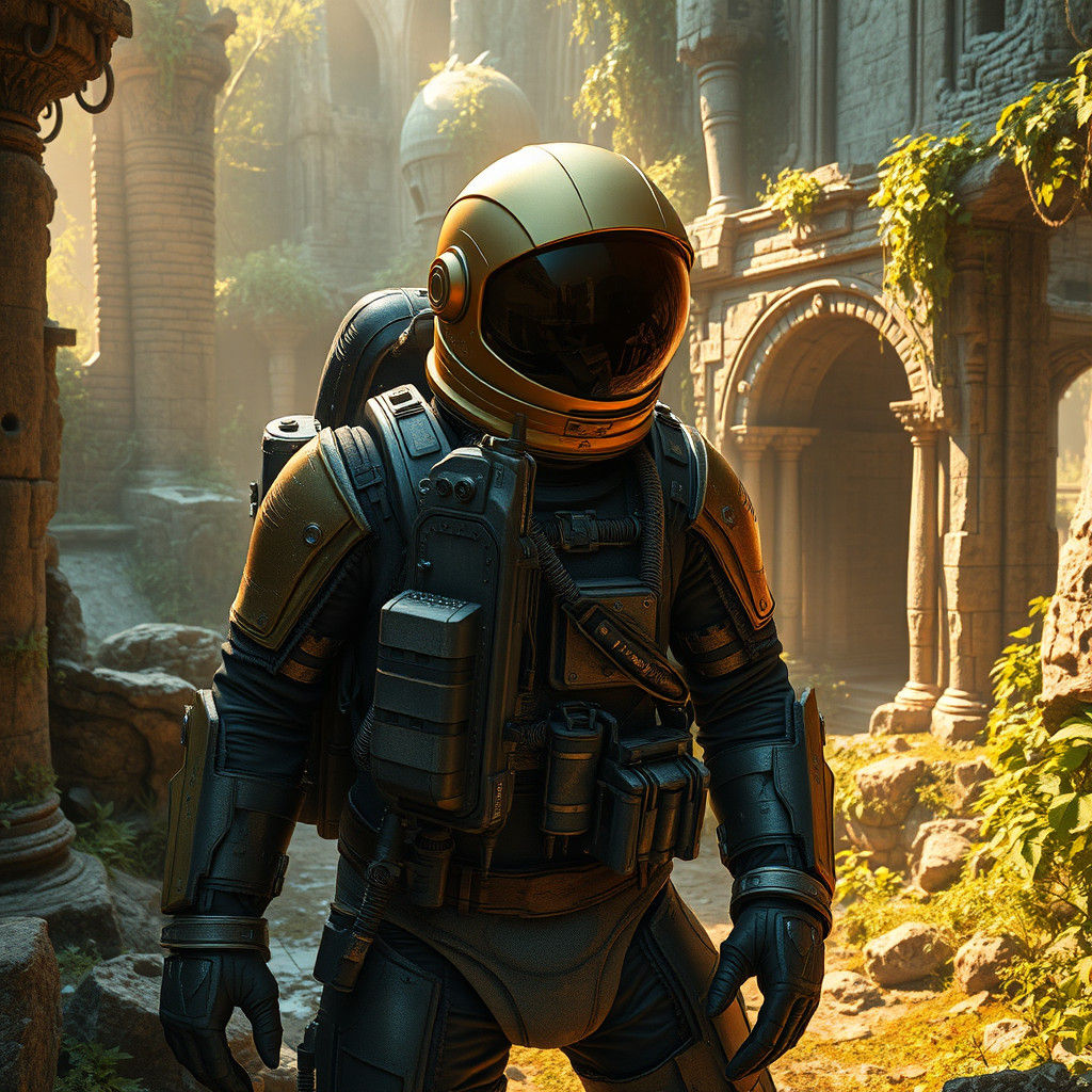 Astronaut Exploring Mystical Ruins in Exosuit