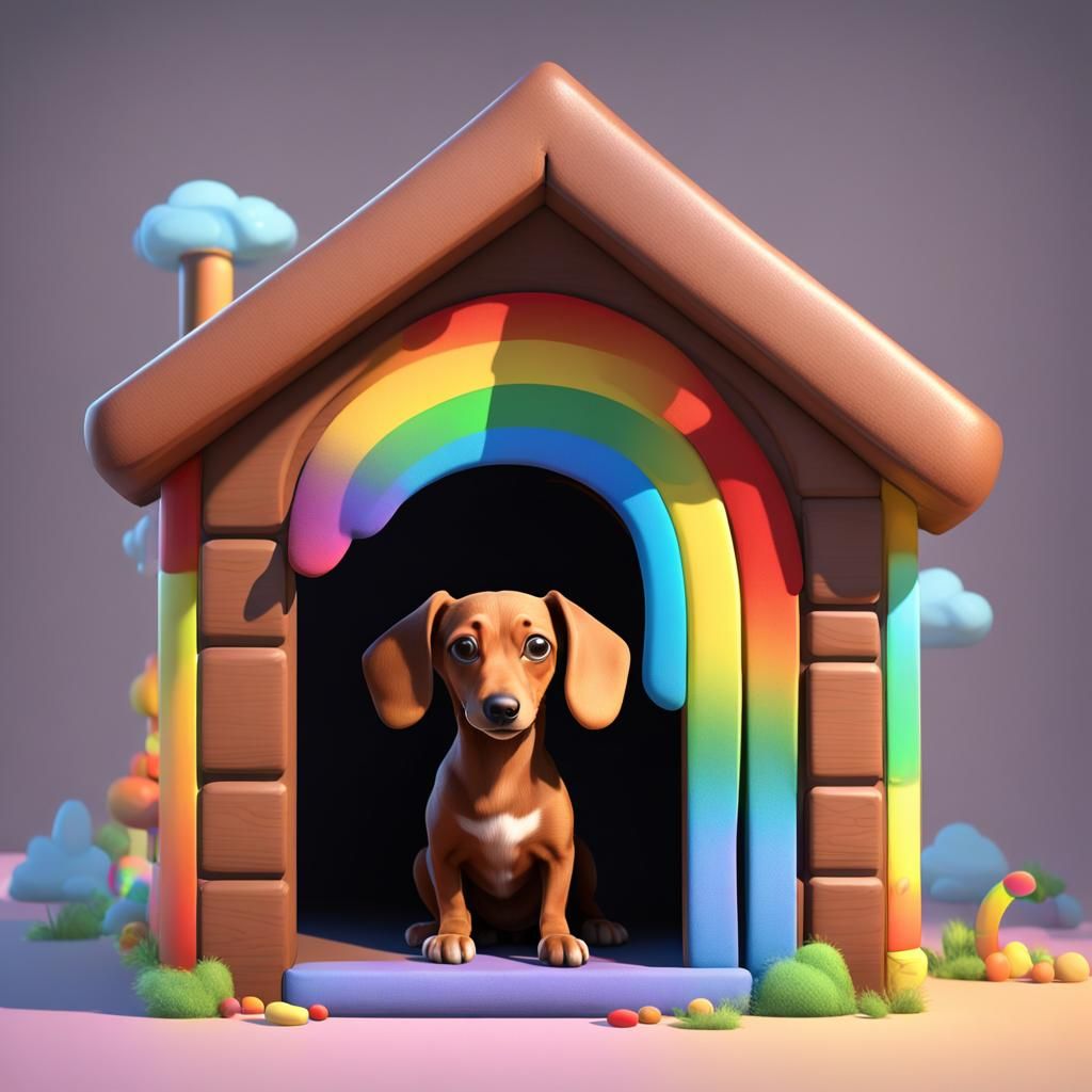 Brown Dachshund in Dog House with Rainbow