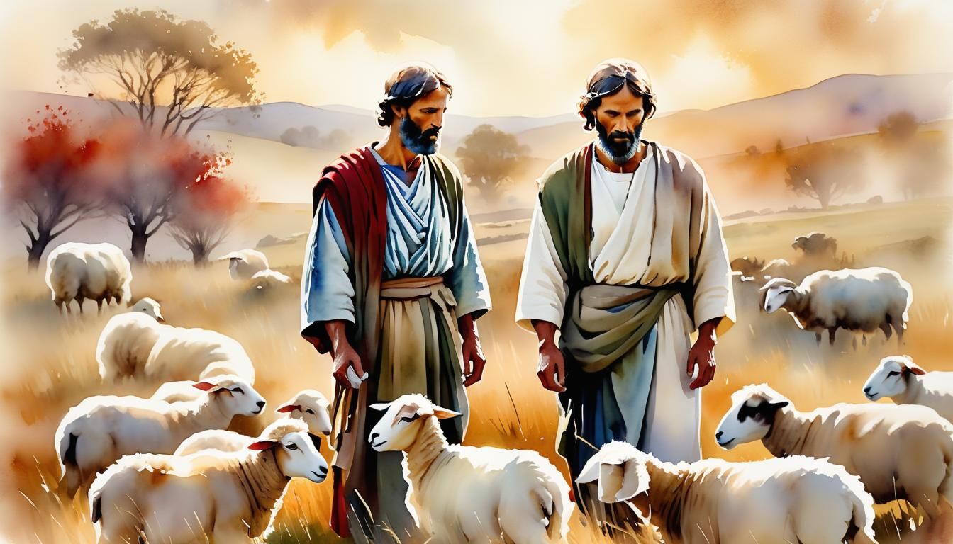 Impressionist Apostle Tending Sheep in Watercolor Style