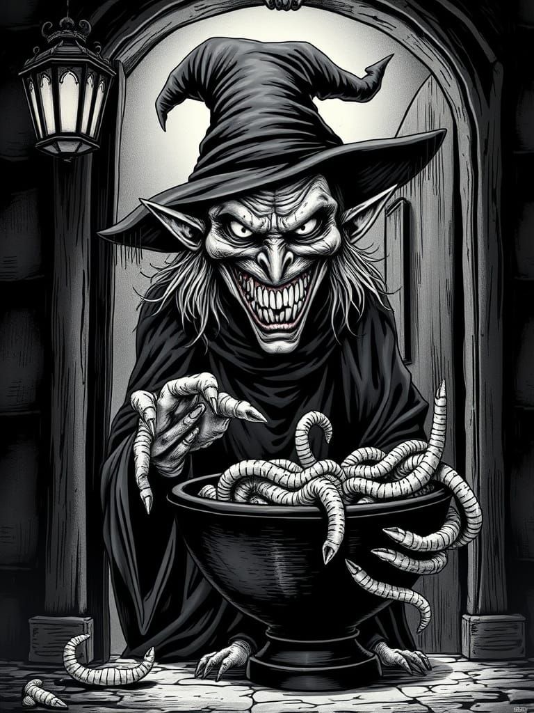 Ugly Witch Offers Creepy Halloween Treats in Haunted House