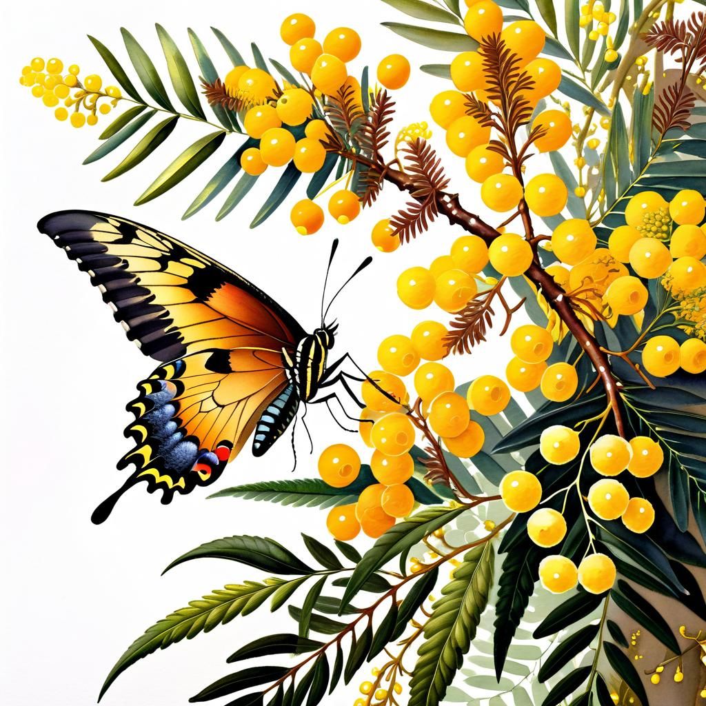 Mimosa Branches and Butterfly in Watercolor Style